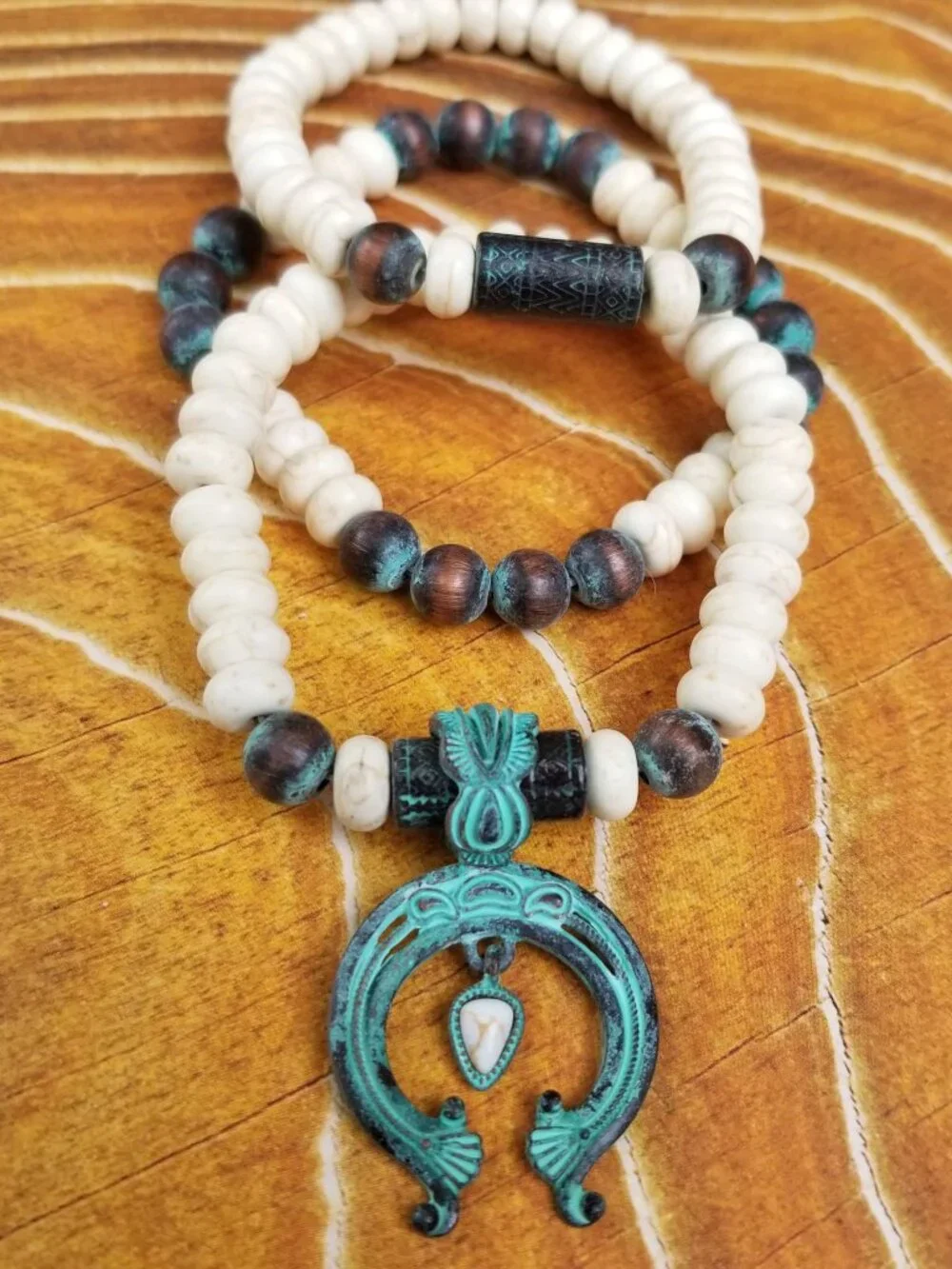 Southwestern Turquoise Patina Squash Blossom Beaded Bracelet Stack Set OSFM NWT